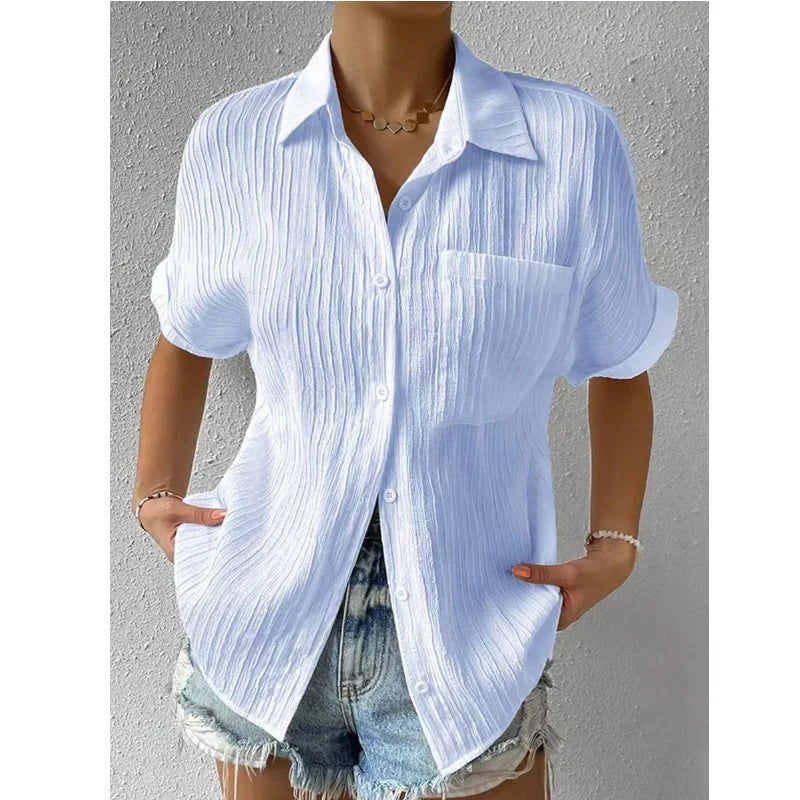 Shirt Collar Casual Buttoned Loose Blouse