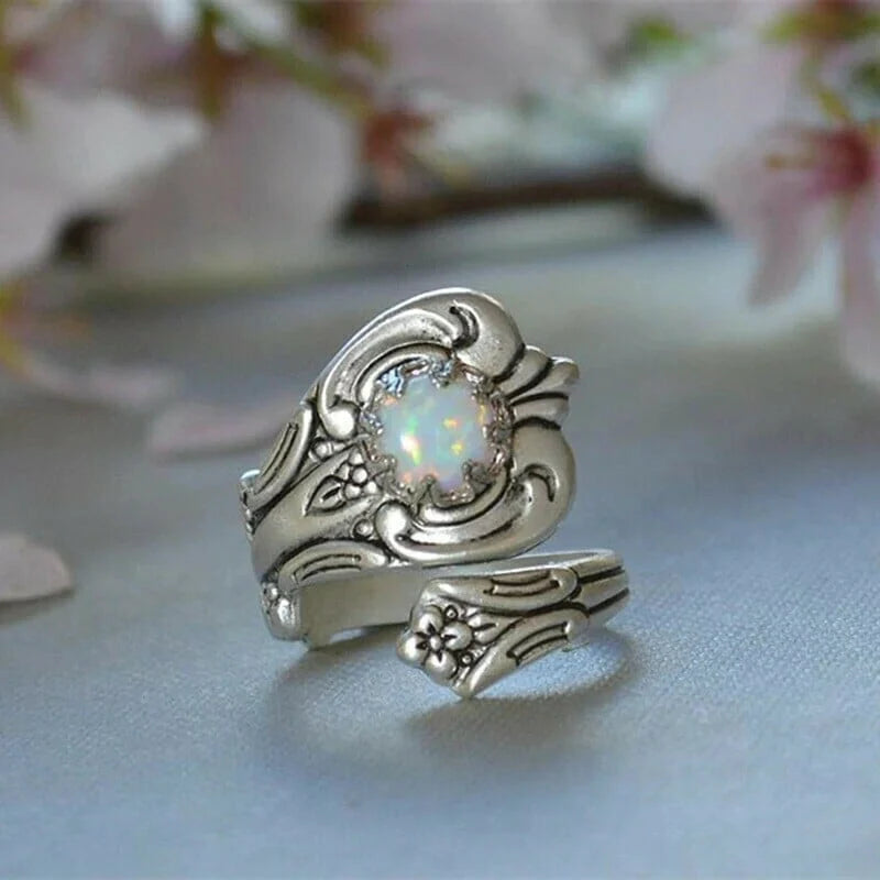 White Opal Spoon Adjustable Ring