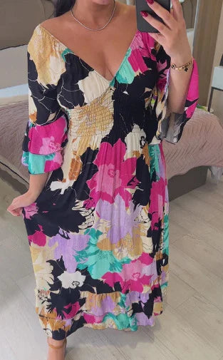 V-neck Floral Seaside Vacation Loose Dress