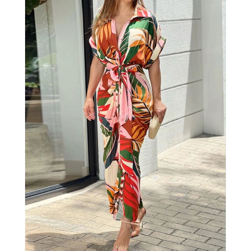 Casual Lapel Neck Waist Print Shirt Dress